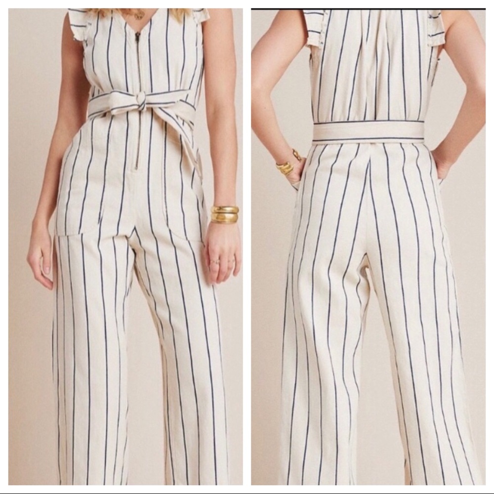 Anthropologie Cream and Black Striped Jumpsuit